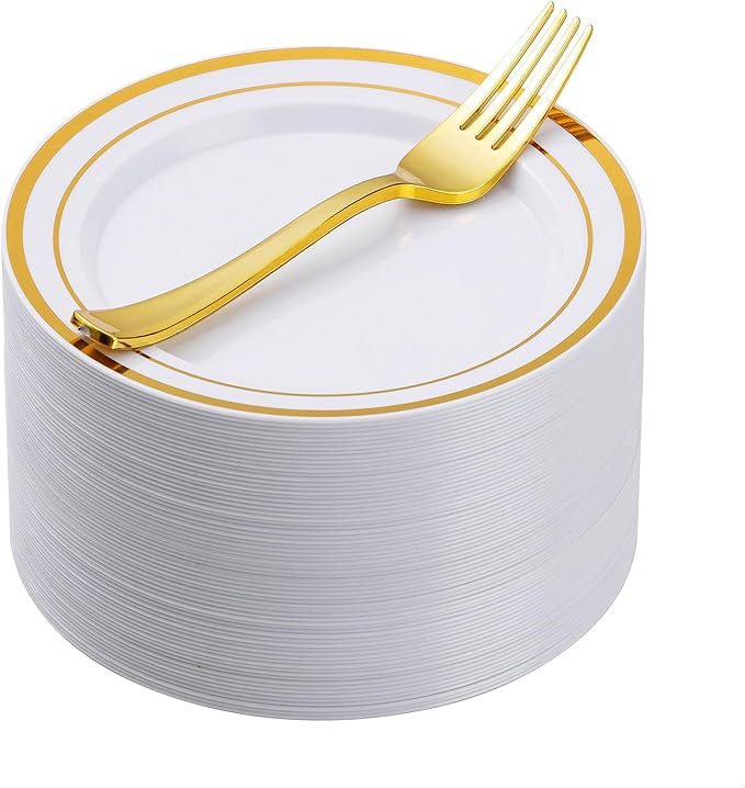 120 Pieces Gold Square Plastic Plates with Forks, Gold Dessert Plates