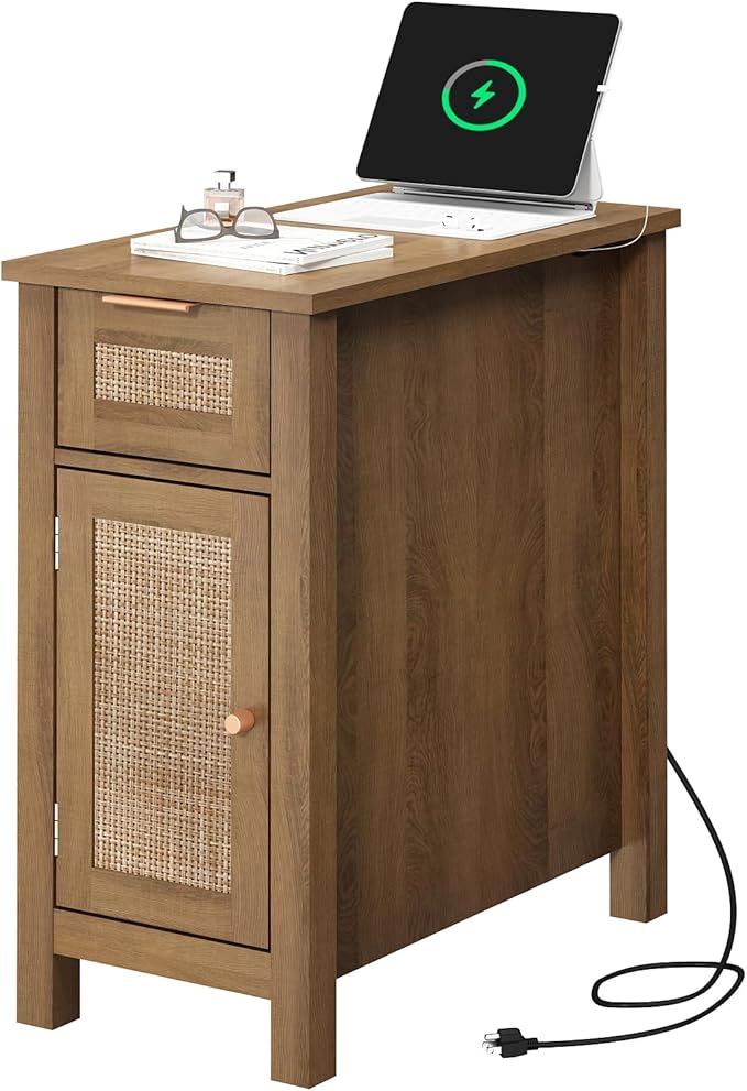 Narrow End Table with Charging Station - Midcentury Rattan Slim Side Table