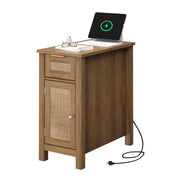 Narrow End Table with Charging Station - Midcentury Rattan Slim Side Table