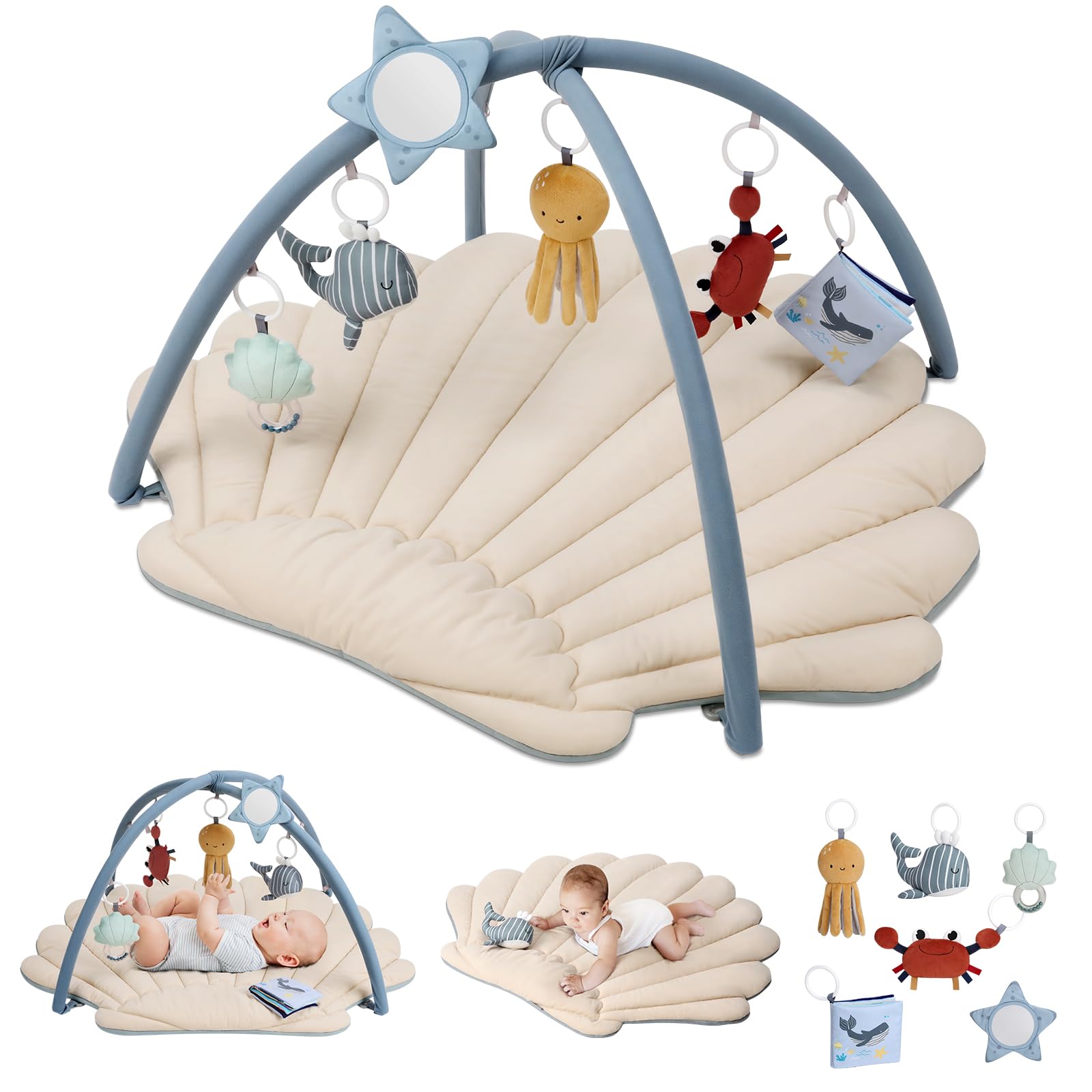 Shell Baby Play Gym Mat, Softer & Enlarged Tummy Time Mat w 6 Detachable Toys