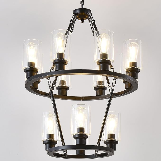 Black Wagon Wheel Chandelier 32 Inch Modern Farmhouse Glass