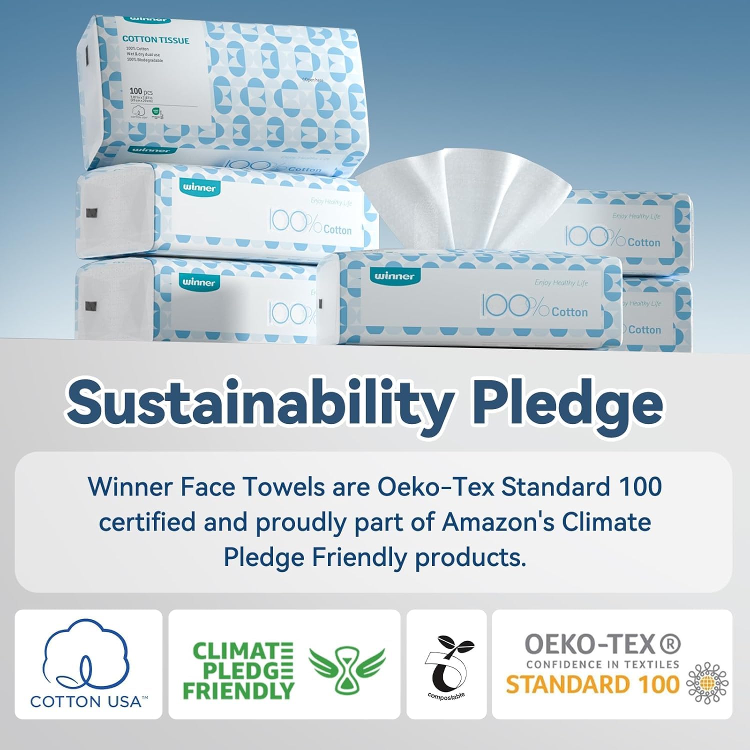 Winner Soft Face Towels, 100% USDA Biobased Facial Towels, Unscented Cotton Tissues for Sensitive Skin, OEKO-TEX Certified Face Towelettes Disposable, Makeup Remover Dry Wipes, 600 Ct, 6 Pack