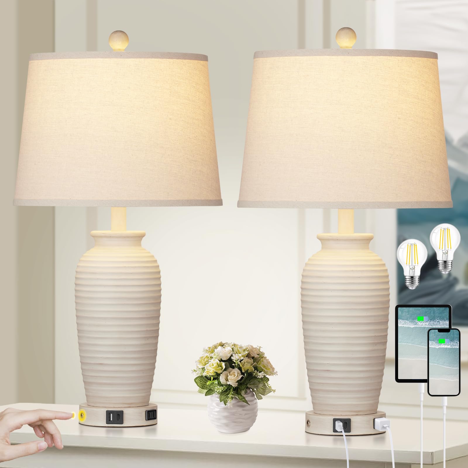 CINSARY 24.3" Farmhouse Jar Table Lamps Set of 2, 3 Way Touch Control