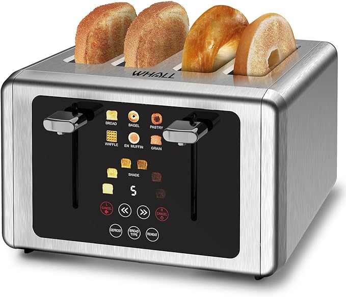 4 Slice Touch Screen Toaster, Stainless Steel Toasters Digital Timer