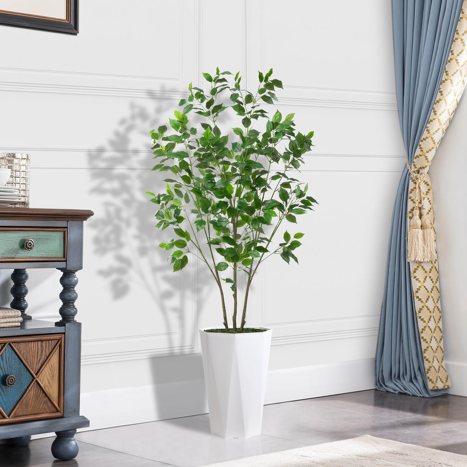 Artificial Ficus Plant Indoor 5FT Fake Tree with White Diamond Planter Faux Ficus