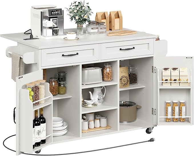 Kitchen Island with Power Outlets & Drop Leaf, Kitchen Cart with Storage