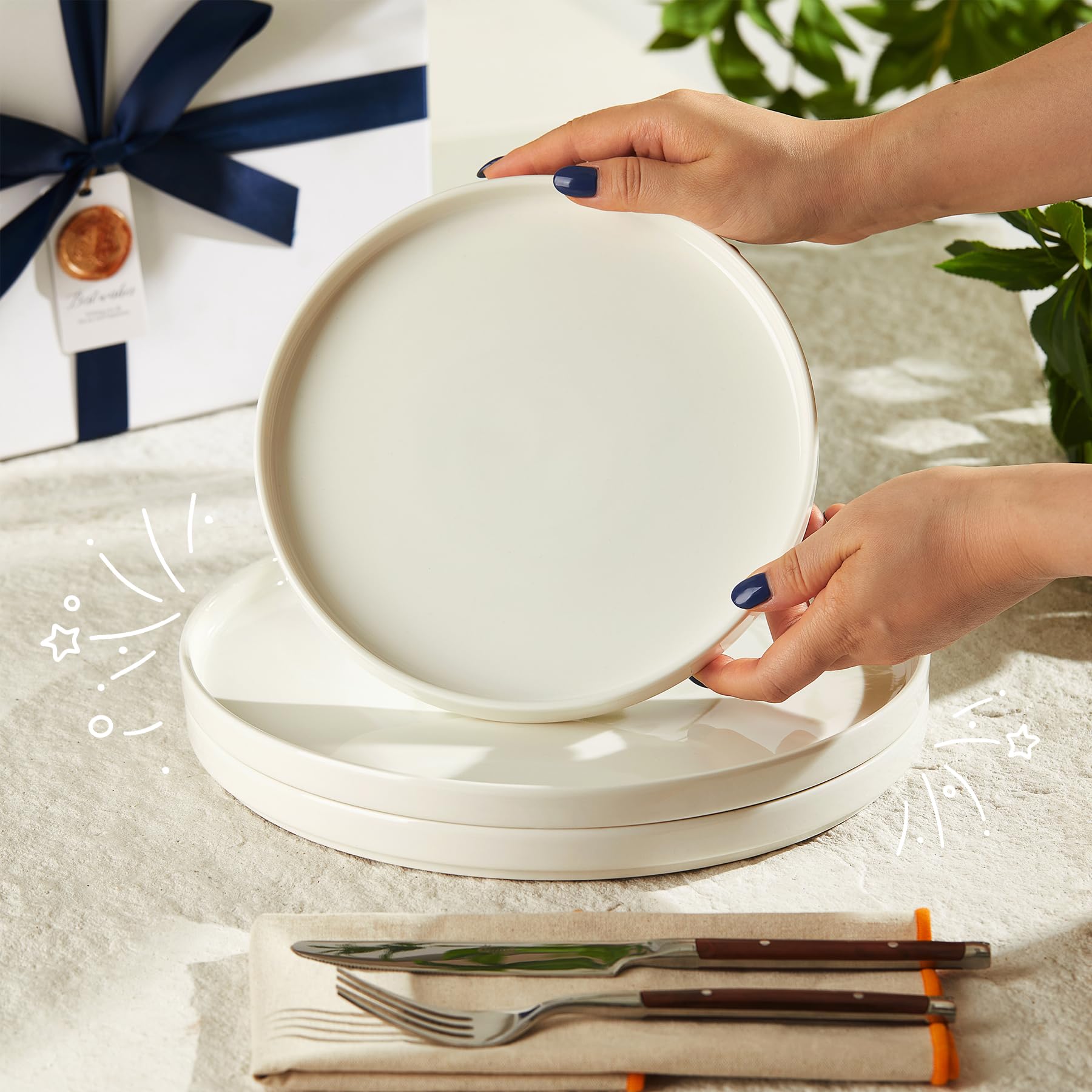 Porcelain Flat Dinner Plates Set of 6, 10.5 Inch High Edge Dish Set