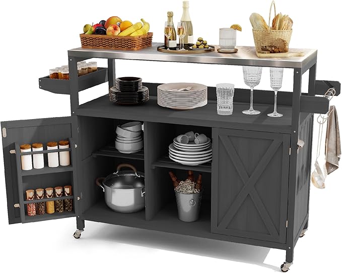 Outdoor Kitchen Island,Stainless Steel Tabletop Outdoor Grill Cart