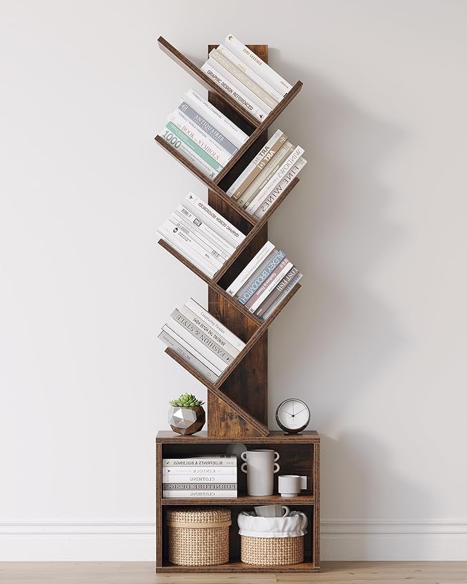 6 Tier Tree Bookshelf, Small Bookcase with Storage Cabinet, living room