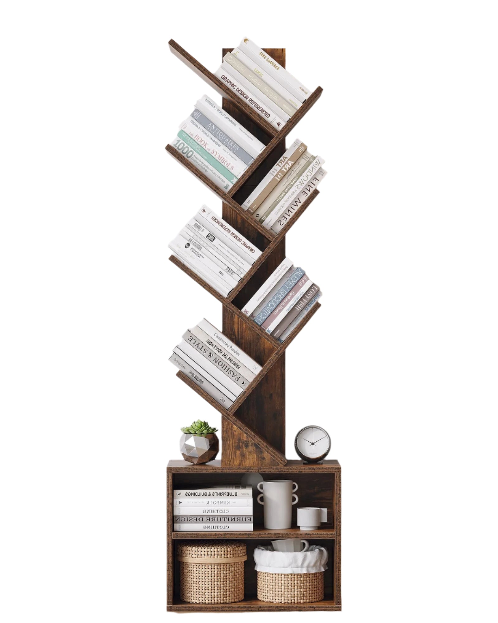 6 Tier Tree Bookshelf, Small Bookcase with Storage Cabinet, living room