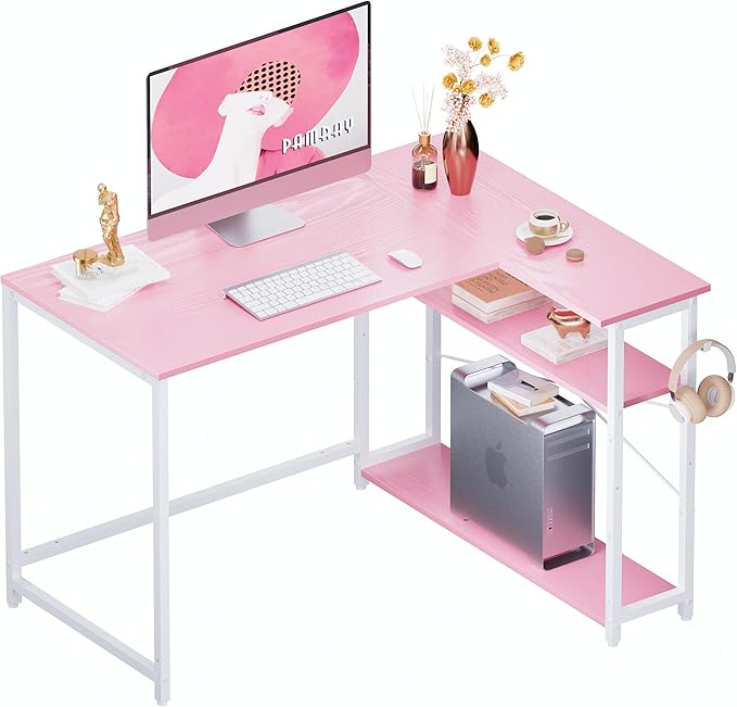 43 Inch L Shaped Computer Desk with Reversible Side Storage Shelves
