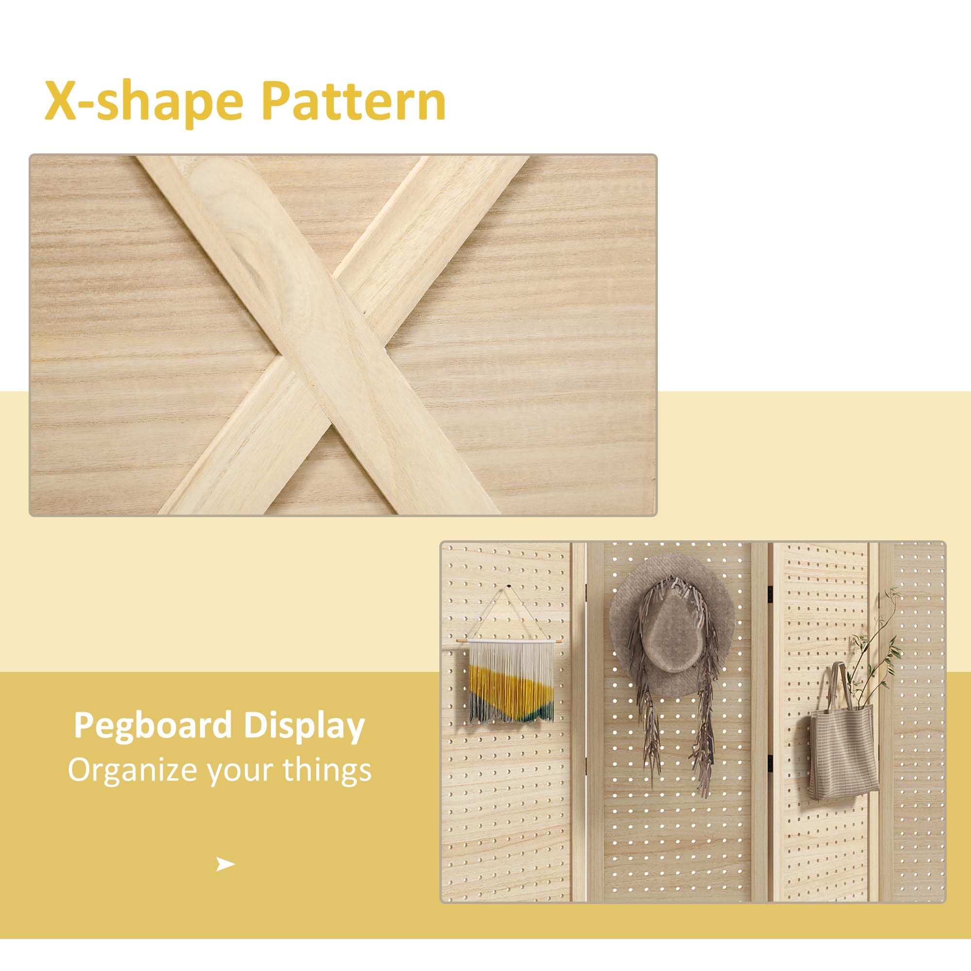 HOMCOM 4 Panel Pegboard Display Room Divider, 4.7' Tall Wood Folding Privacy Screen, Partition Wall Divider for Home Office, Natural