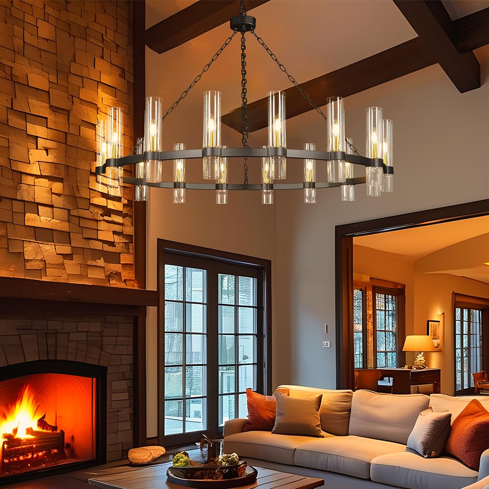 Black Wagon Wheel Chandelier, 16 Light Round Industrial Pendant Lightin
