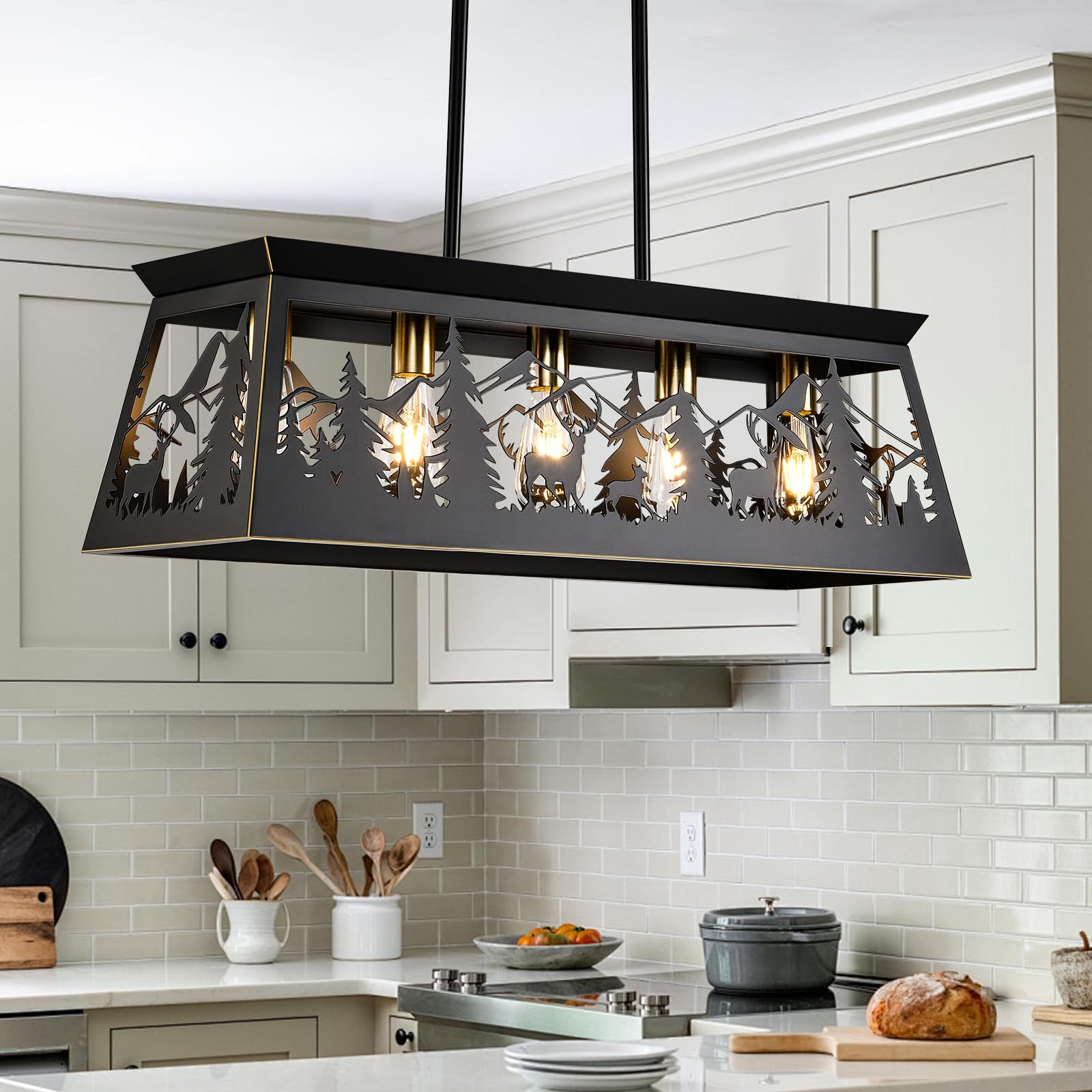 Island Lighting,L32-Inch 5-Light Black Farmhouse Rectangular Chandelier