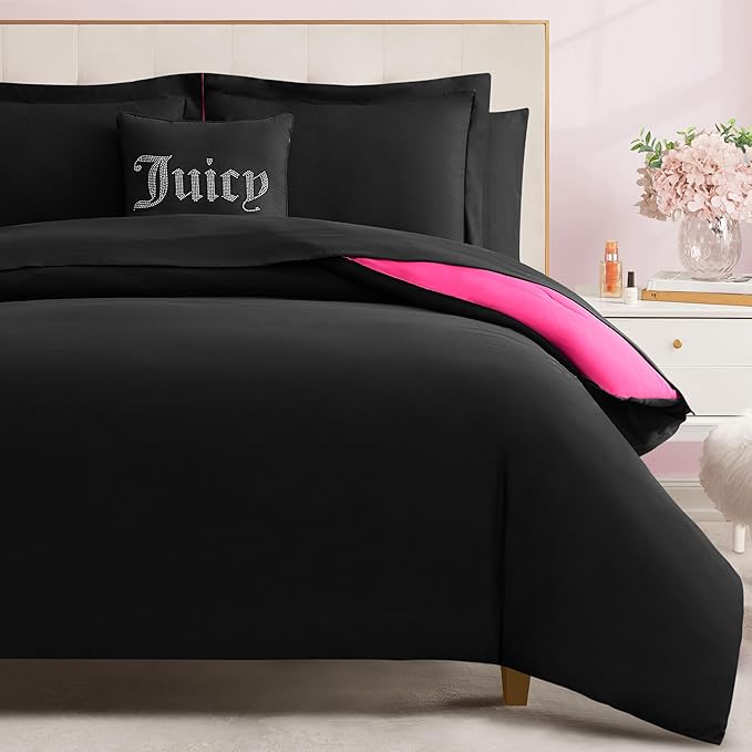Alexis Reversible Comforter Set, Full Bed in a Bag – Black/Hot Pink