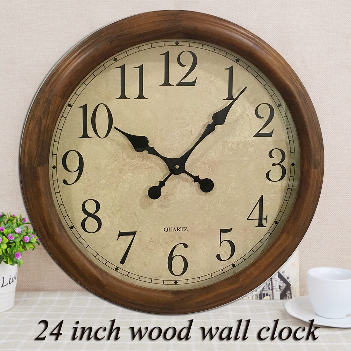 24-Inch Wood Silent Non-Ticking Battery Operated Decorative Wall Clock