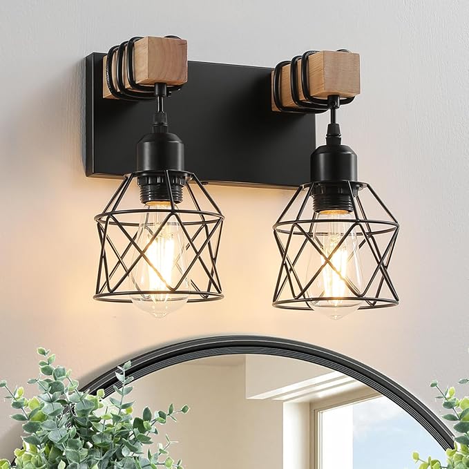 Farmhouse Vanity Light Fixture,6-Light Bathroom Lighting,Black Industrial Wood Wall Light