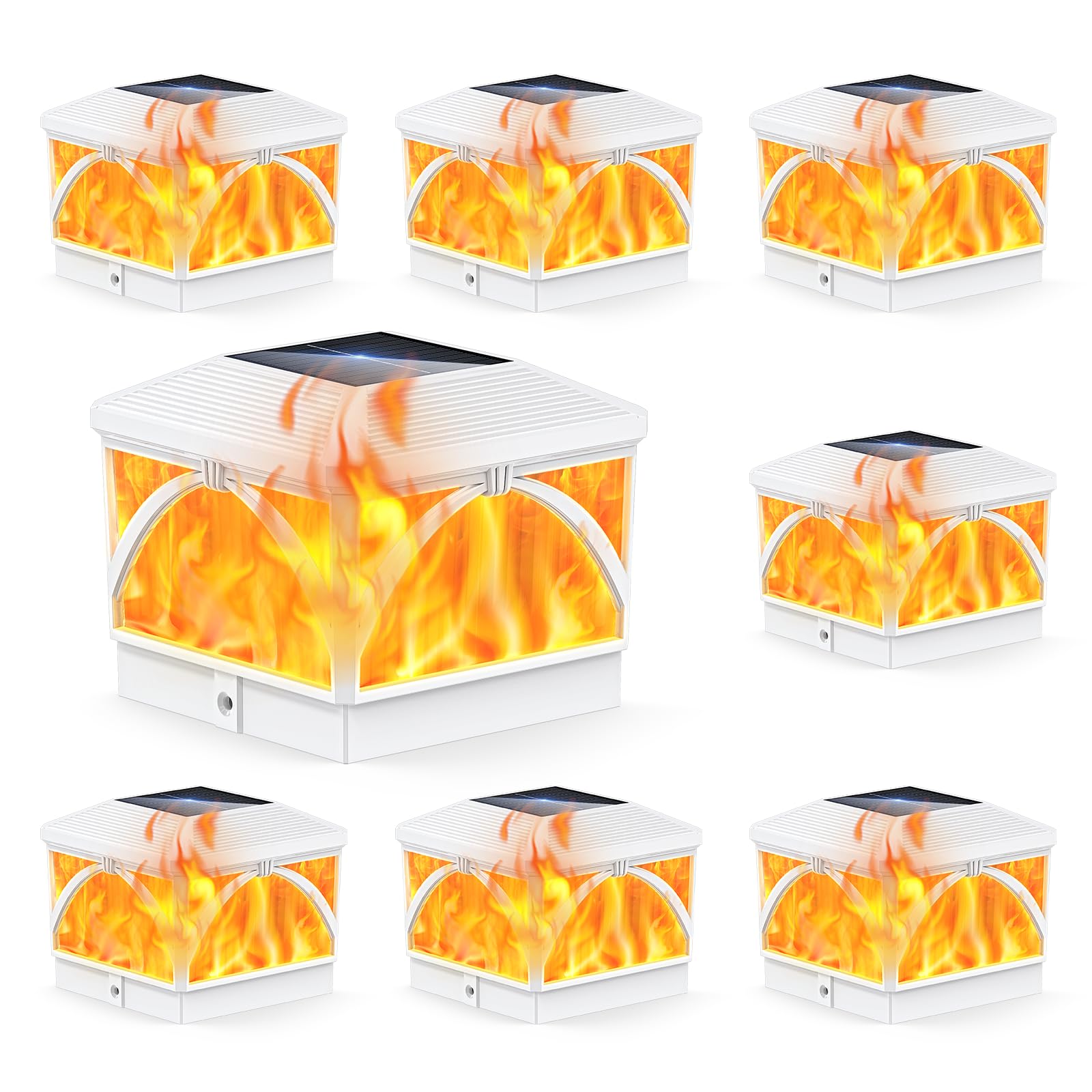 8 Pack Solar Flame Post Cap Lights Outdoor- Flickering Flame & Warm Light 4x4 Fence Post