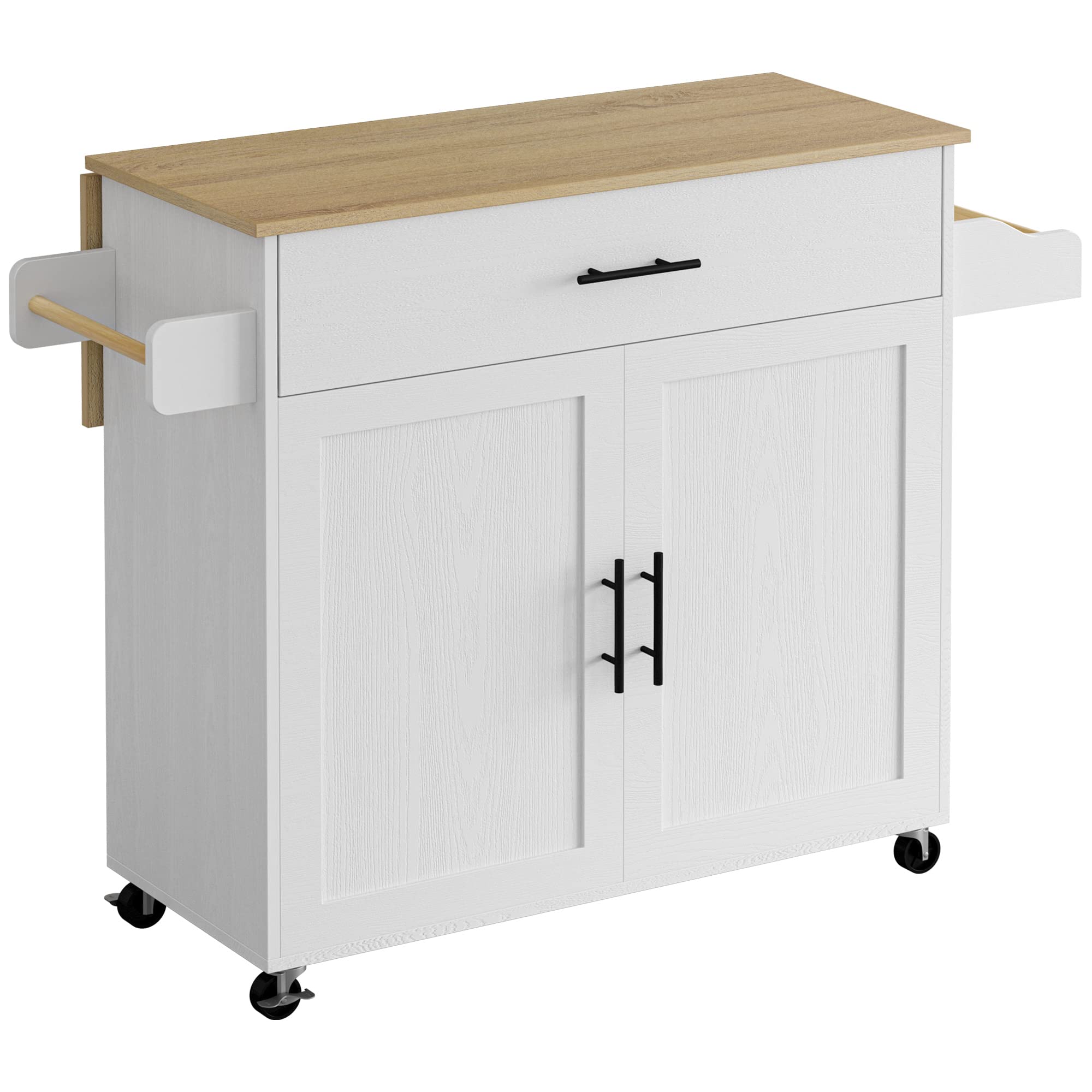Rolling Kitchen Island Table on Wheels with Drop Leaf, Storage Cabinet