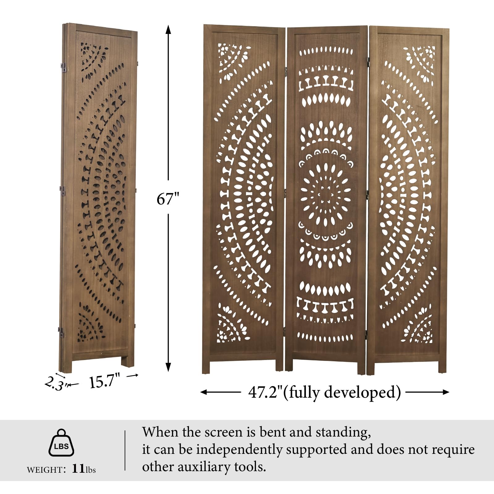 Svimi Room Divider Wood Carved Wall Divider Indoor Folding Bohemian Style Portable Partition Screen for Home Office Garden Terrace - 3 Panels (Brown)