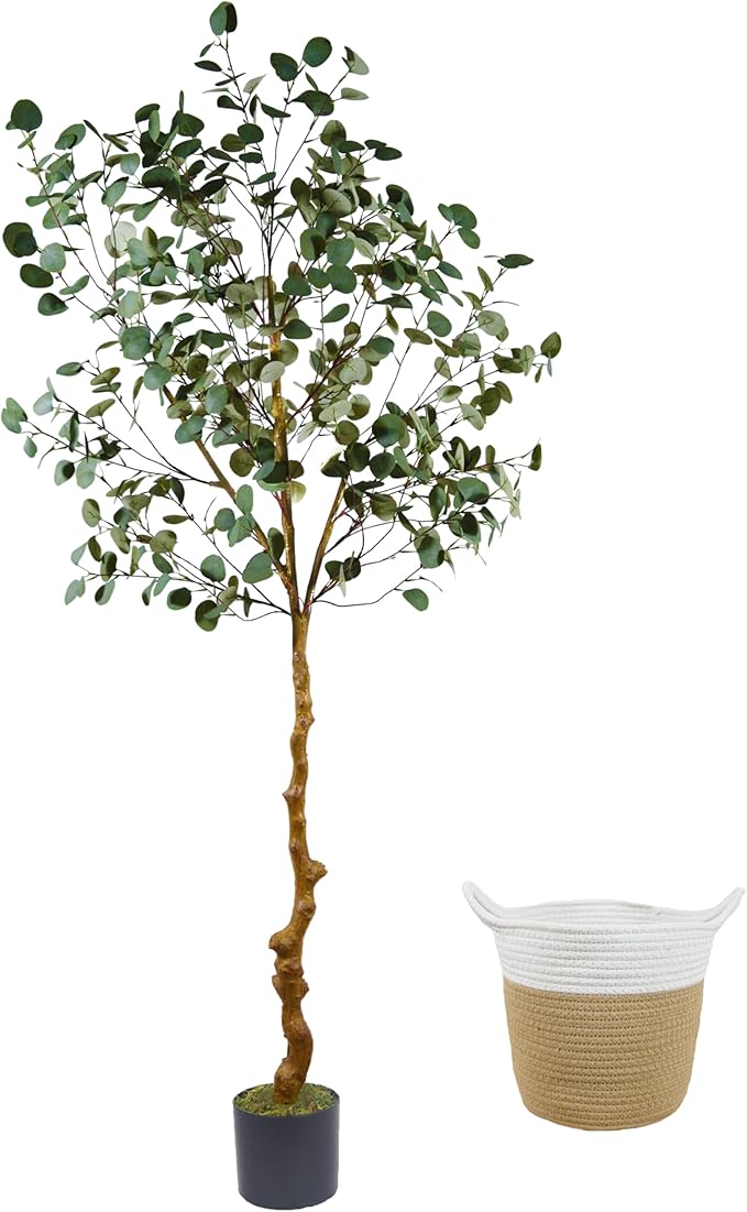 Artificial Eucalyptus Tree, 6ft Tall Fake Eucalyptus Plant with Basket, Green Silver