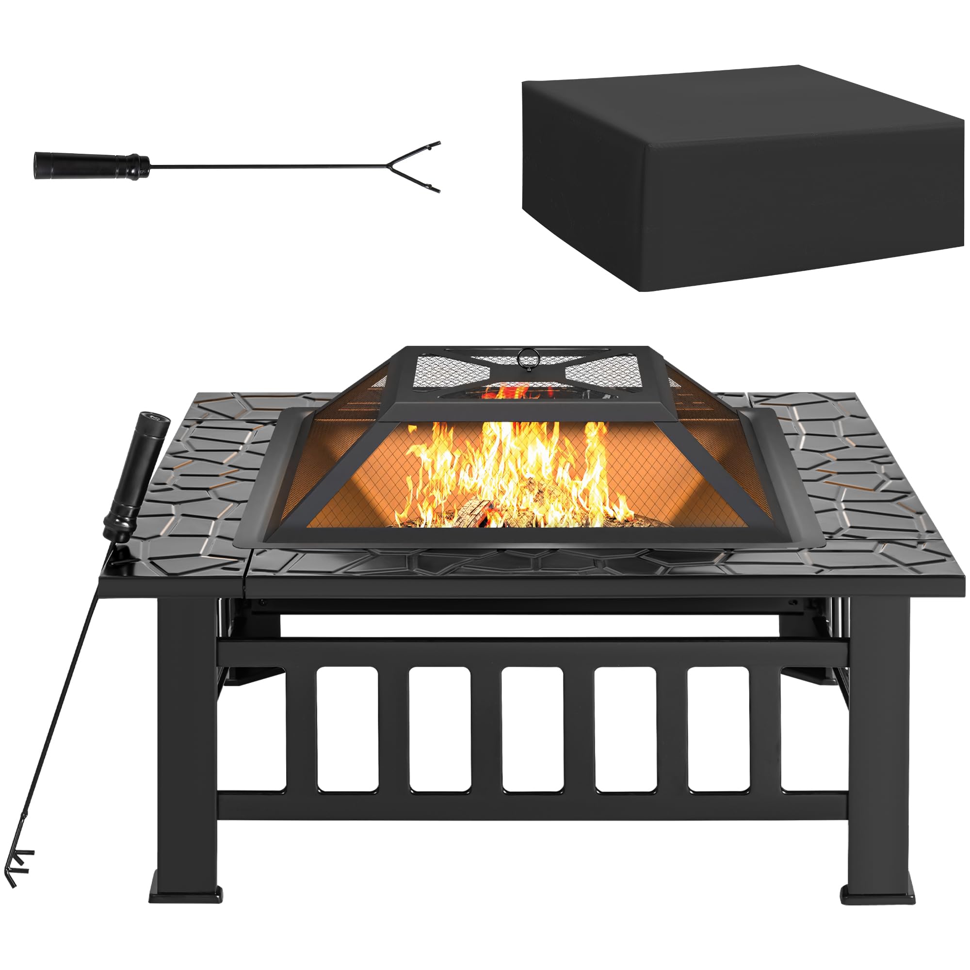 Multifunctional Outdoor Fire Pit Table with Spark Screen, Fire Grate and Poker