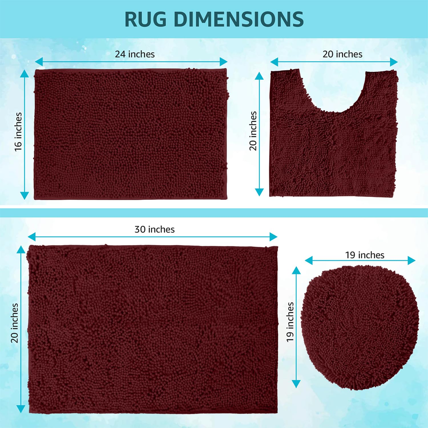 LuxUrux 4-Piece Bathroom Rug Set - Soft Chenille Mats, Non-Slip Toilet Mat & Lid Cover for Comfort & Style (20x20 U, 16x24, 20x30 & 19x19 inches, Burgundy)