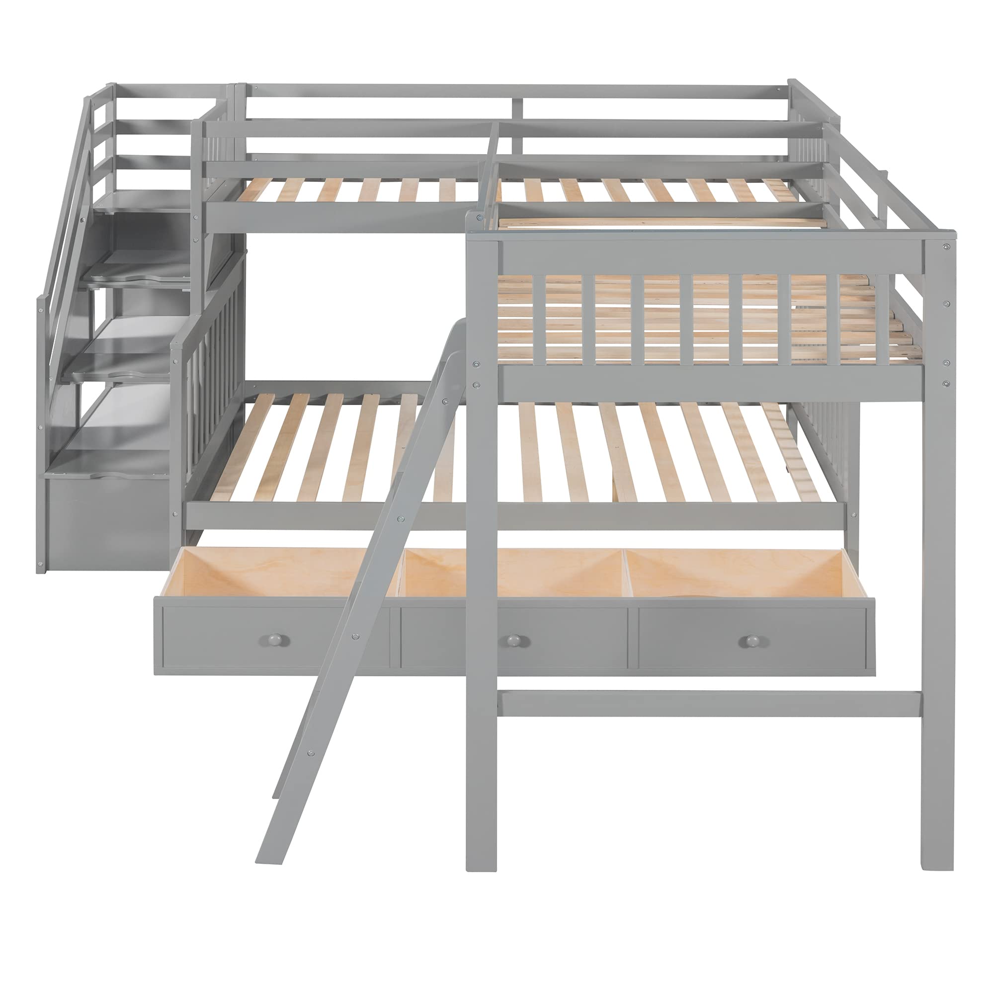 Twin Over Full L-Shaped Triple Bunk Bed for Kids