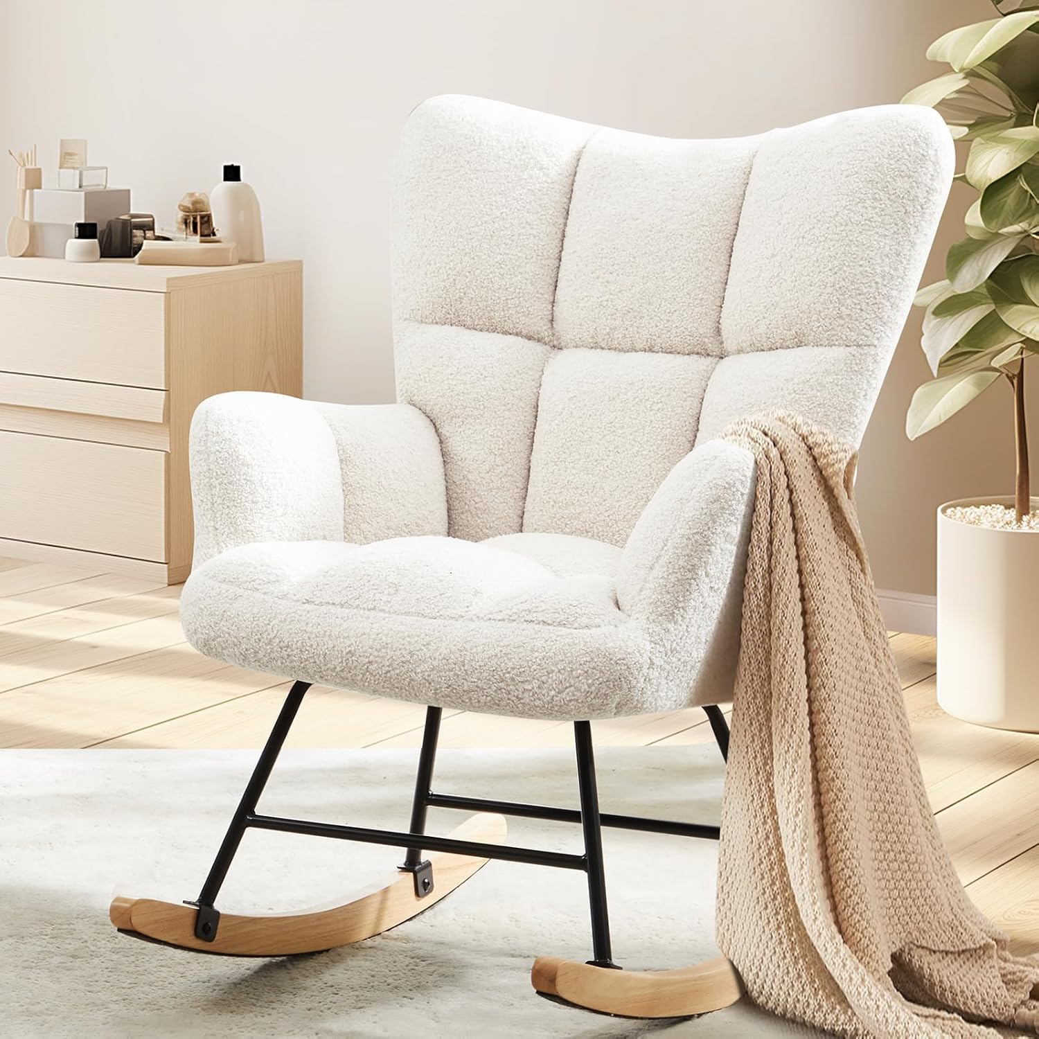 Rocking Chair Nursery, Teddy Upholstered Glider Rocker with High Backrest