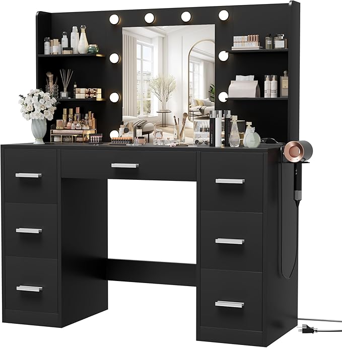 Vanity Desk with Mirror, LED Lights and Power Outlet Makeup Vanity Table