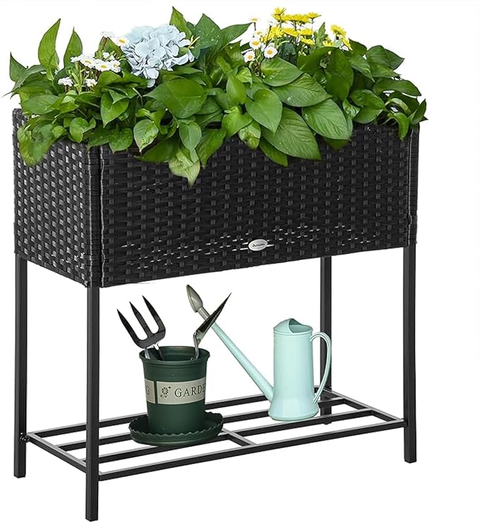 Raised Garden Bed, Elevated Planter Box with Rattan Wicker Look, Tool Storage Shelf