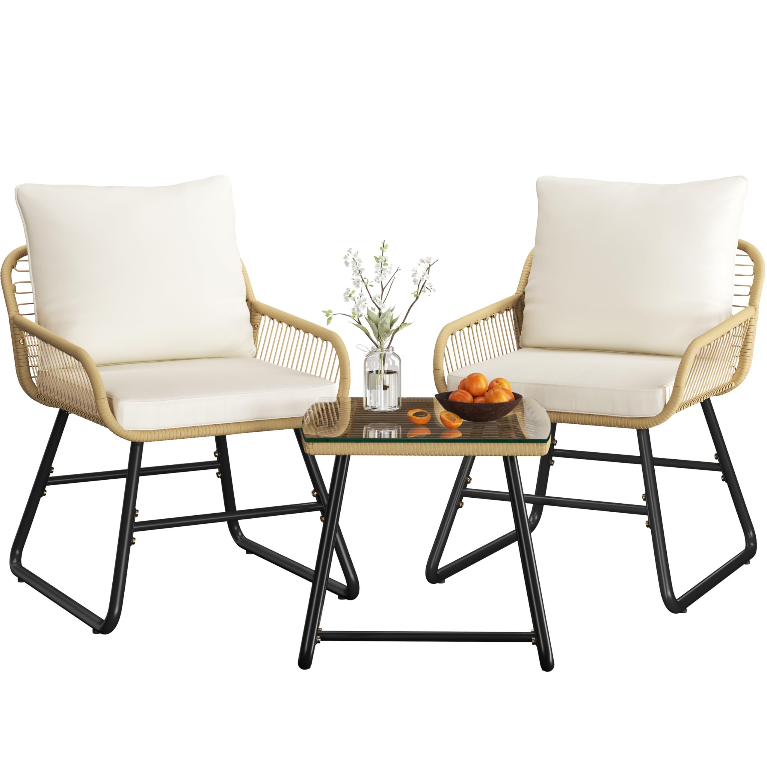 3 Piece Patio Bistro Set Outdoor Wicker Bistro Furniture Sets, 2 Rattan Chairs and Glass