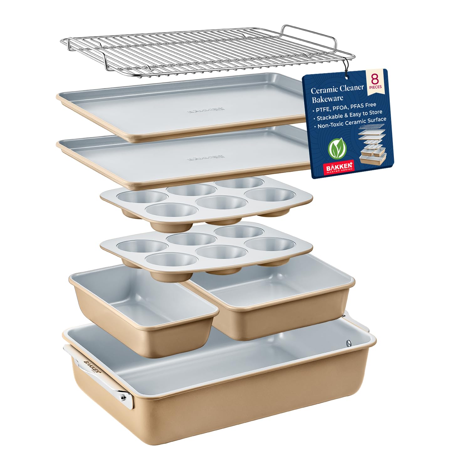 8-Piece Stackable Bakeware Set - Ceramic Non-Stick Coating, Baking Sheets