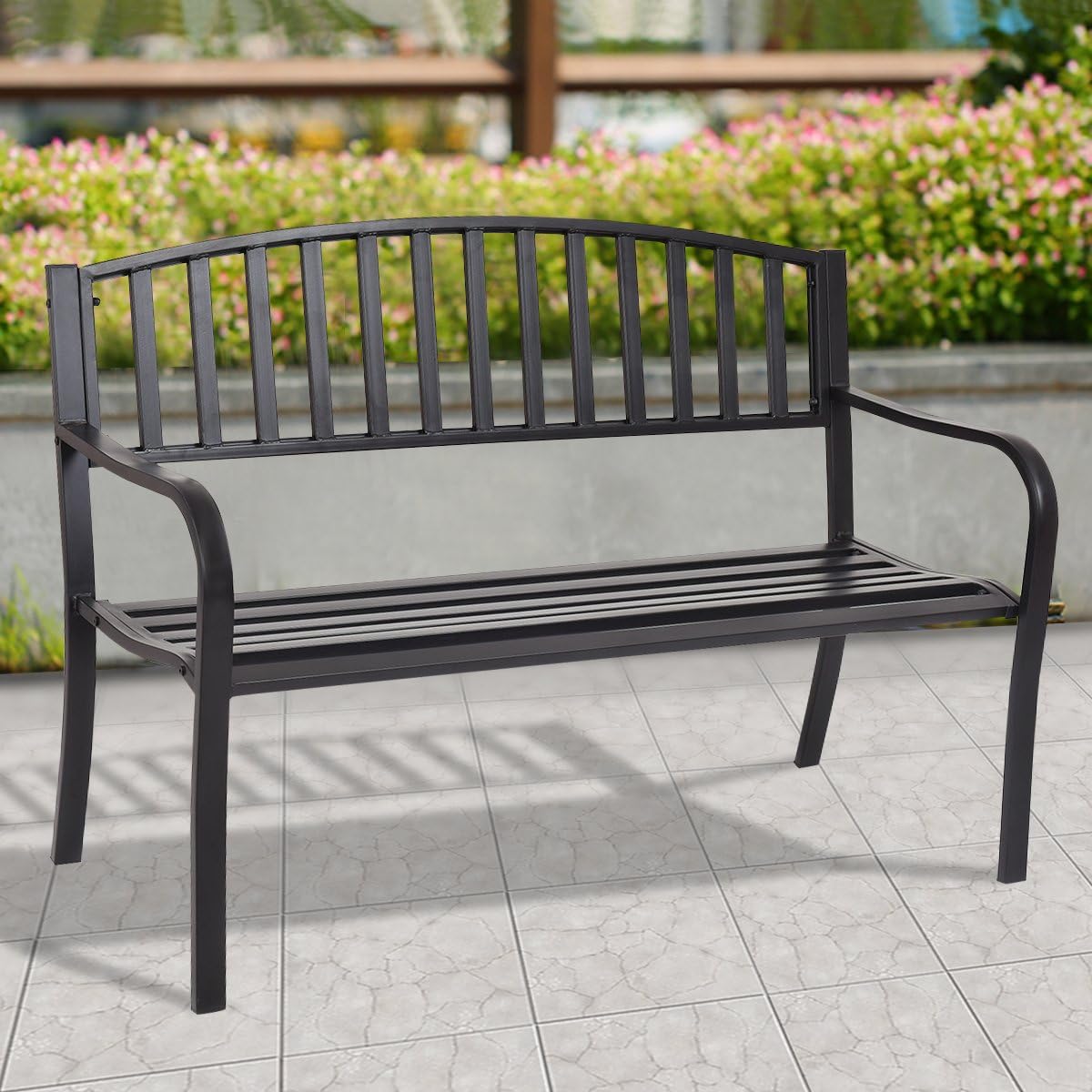 Outdoor Bench, 50” Patio Garden Bench with Steel Frame, Slat Design