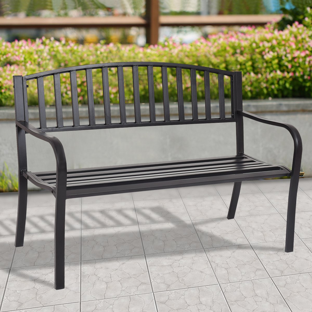 Outdoor Bench, 50” Patio Garden Bench with Steel Frame, Slat Design