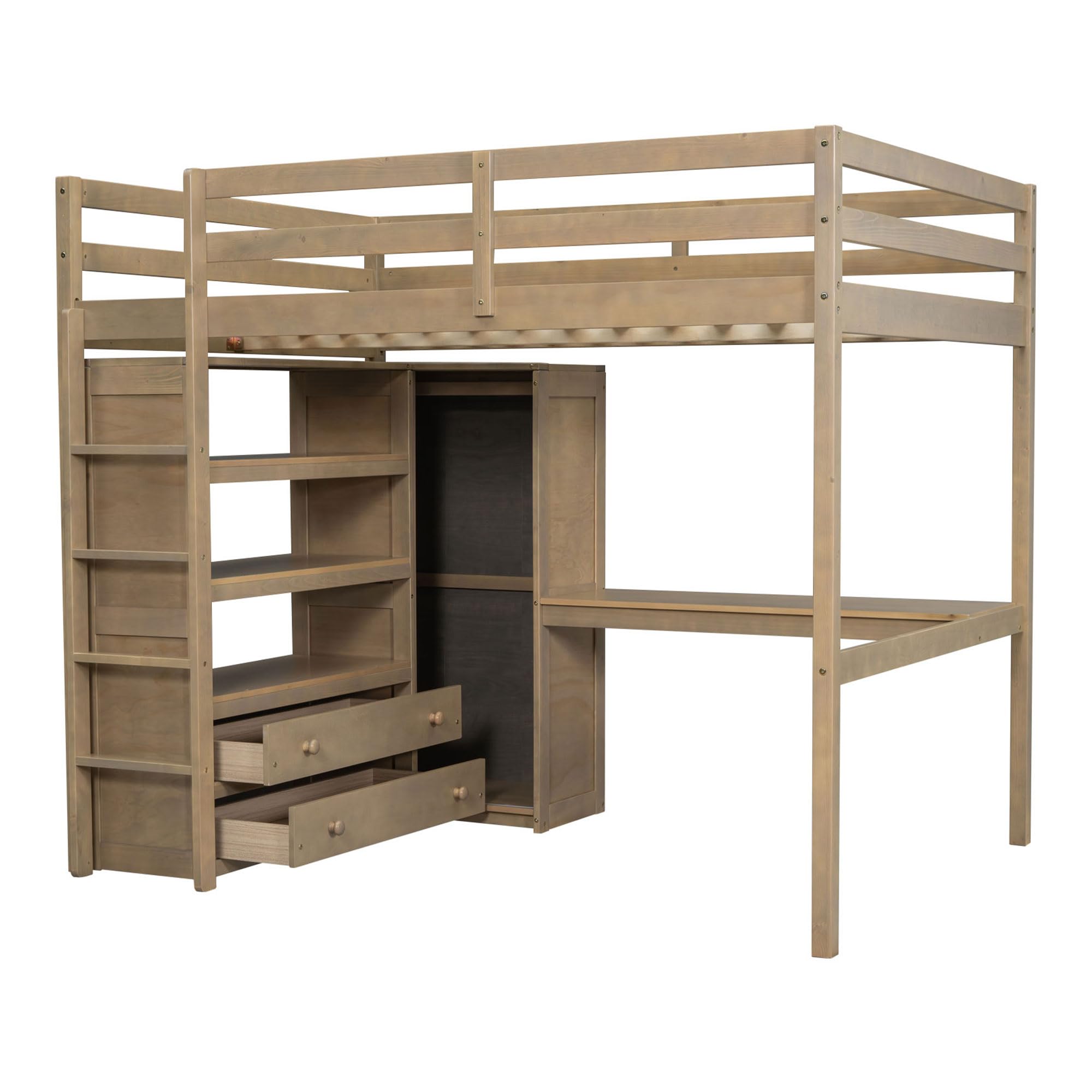 Full Size Loft Bed with Desk & Wardrobe