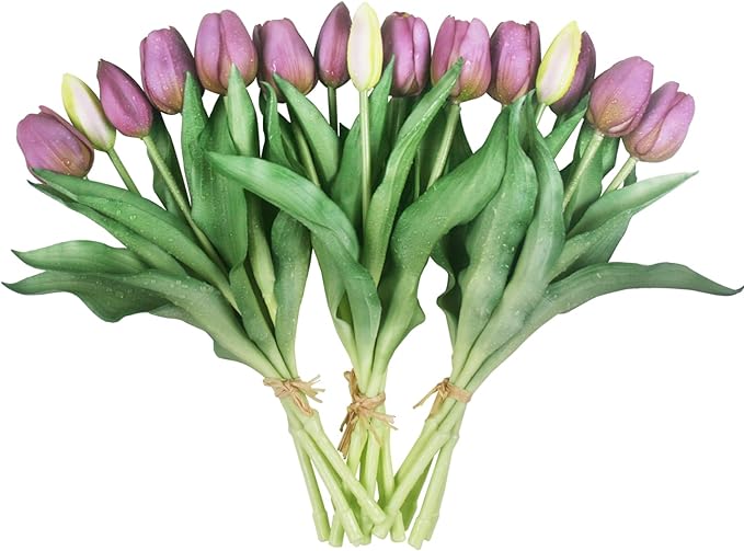 15pcs Artificial Tulips Flowers, Fake Tulips Real Touch, Faux Latex Bouquets