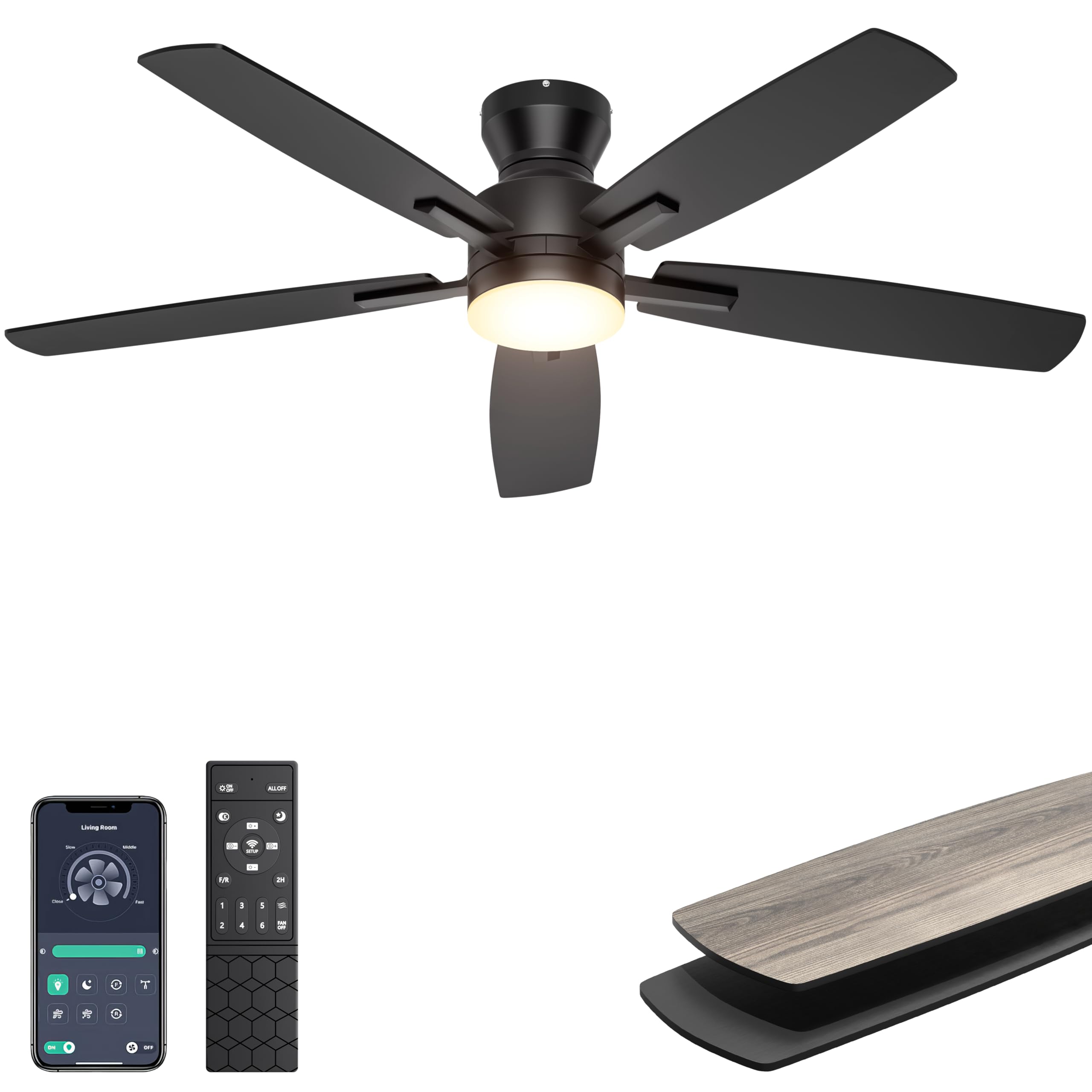 Ceiling Fans with Lights, 52'' Low Profile Ceiling Fan with Light and Remote/APP Control