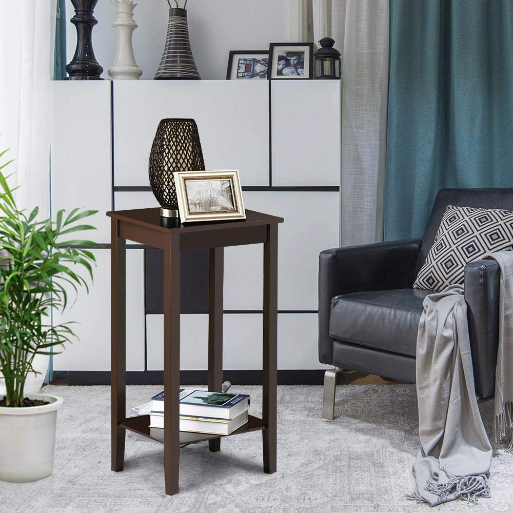 2-Tier Tall End Table with Storage Shelf and Solid Wood Legs, Sofa Side Table