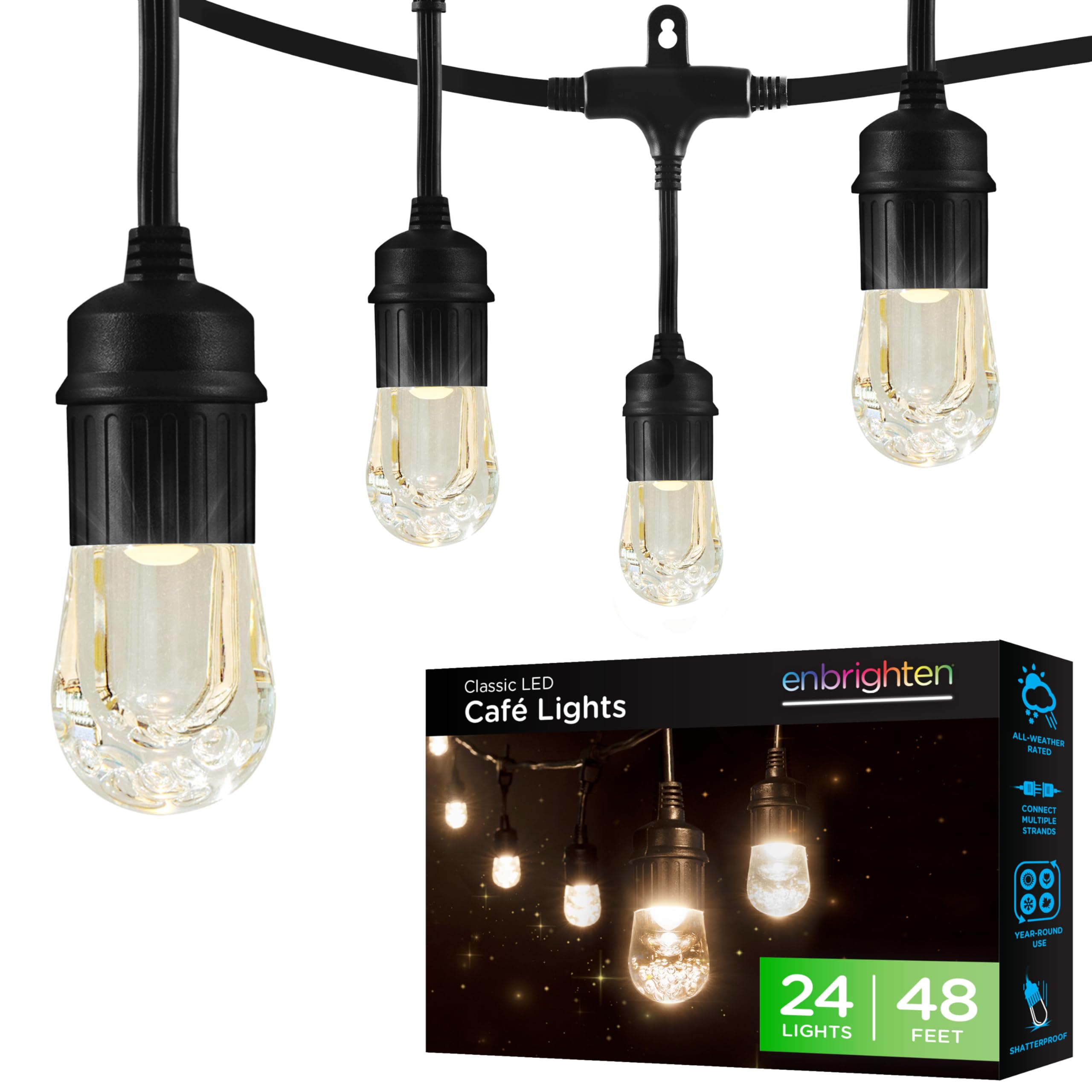 Classic Warm White String Lights, 48ft Black Cord, 24 Shatterproof Acrylic Bulbs