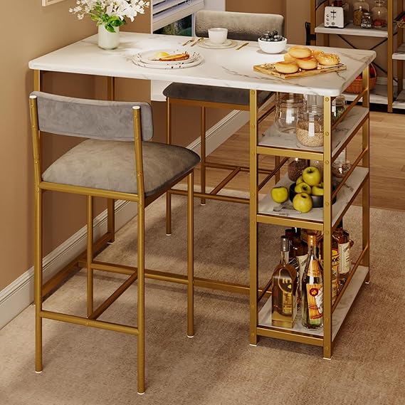 Dining Table and Chairs, Bar Table Set with 2 Upholstered Bar Stools