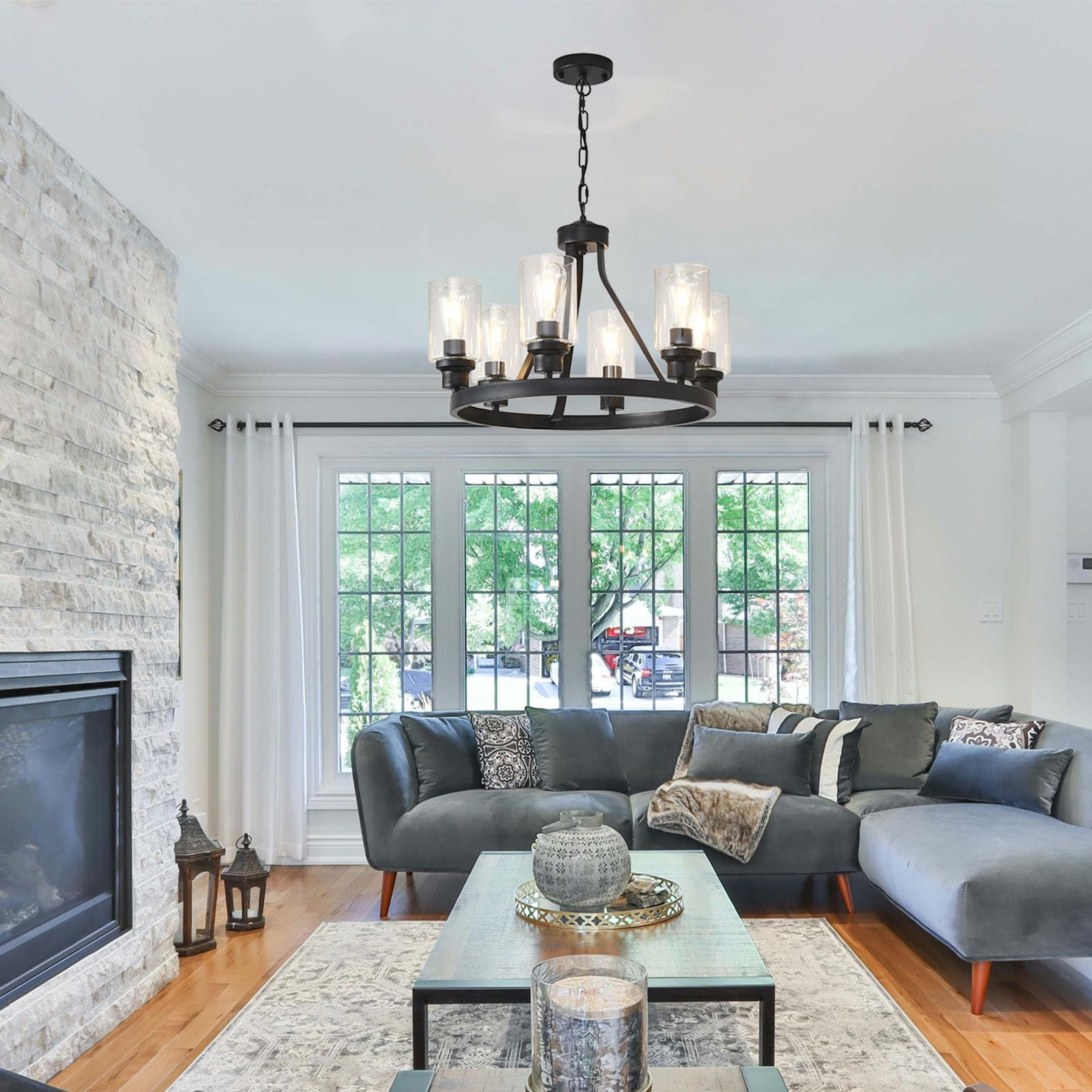 Farmhouse Chandelier 6-Light Black Dining Room Light Fixture with Glass Shade Ceiling