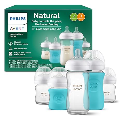 Avent Natural Glass Baby Bottles with Natural Response Nipples (Medium Flow, Flow 3)
