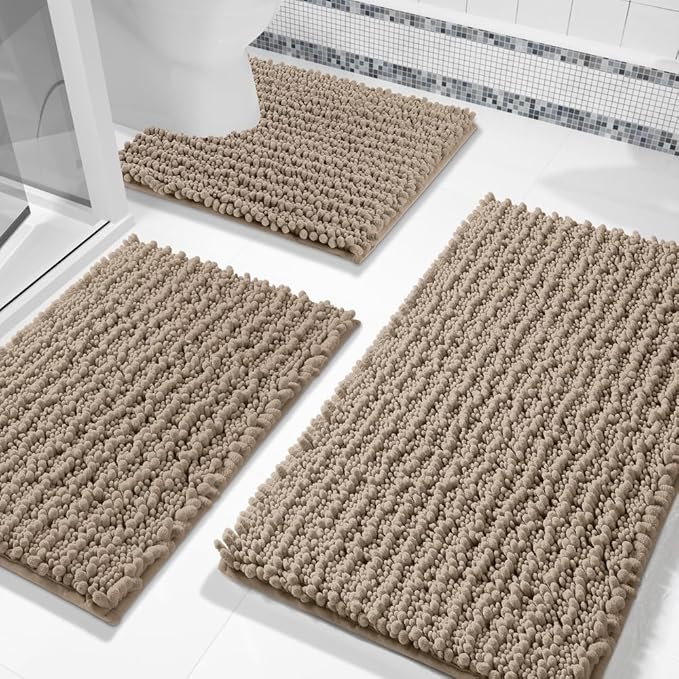 Bathroom Rugs Sets 3 Piece, Fluffy Plush Chenille Bath Room Mats Set