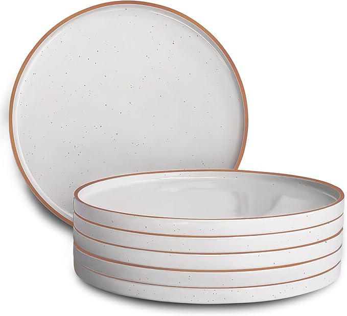Ceramic Flat Dinner Plates Set of 6, 10.5 in High Edge Dish Set - Microwave