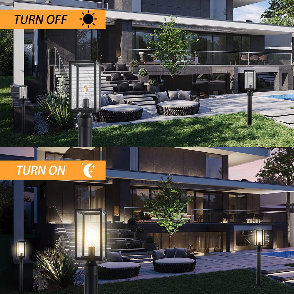 Windben Large 15 inch Dusk to Dawn Outdoor Post Light,Waterproof Cast Aluminium Lamp Post Light Fixture,Post Lantern with Pier Mount Base,Matte Black,Suitable for Garden,Yard,Driveway,etc