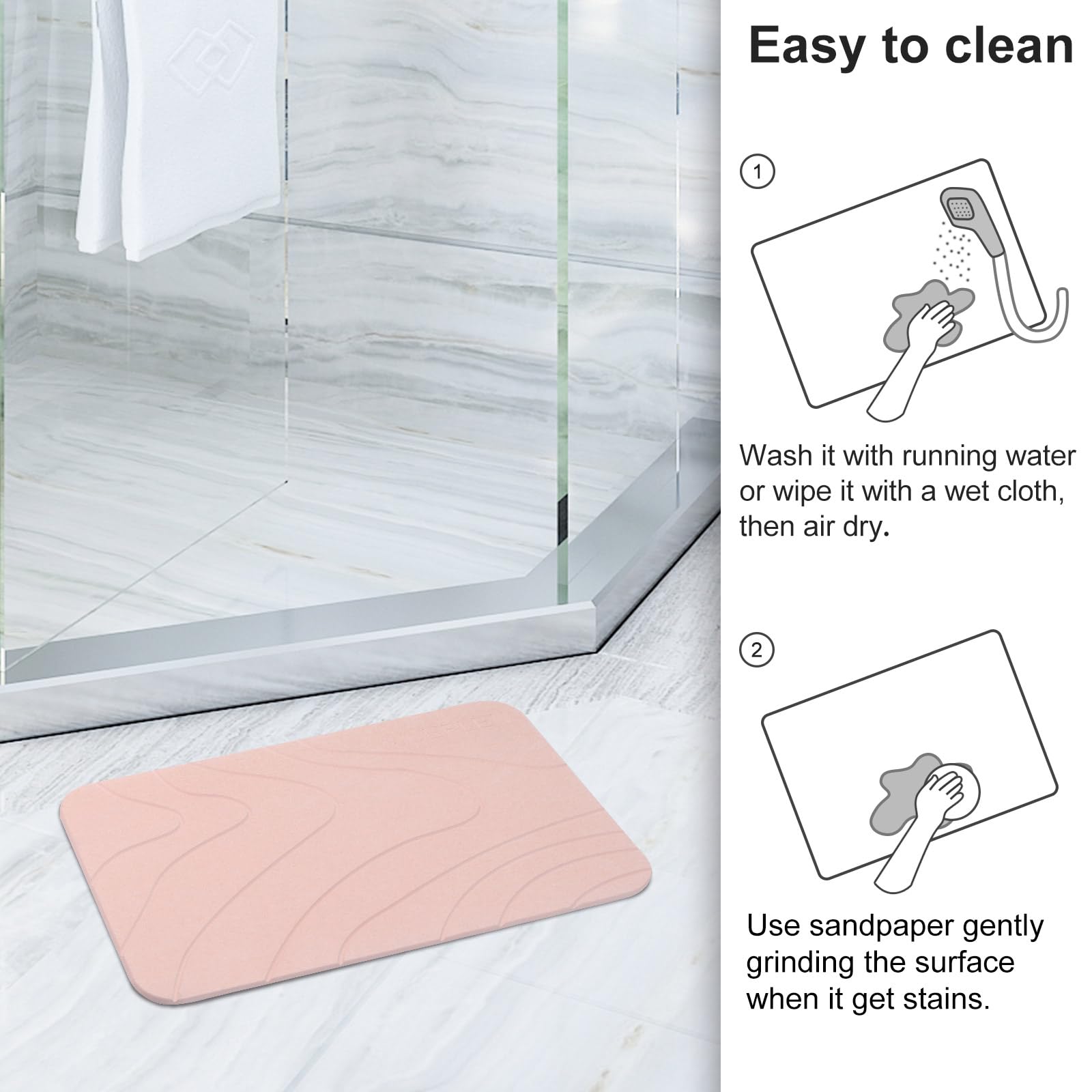 2 Pack Diatomaceous Earth Shower Mat, Stone Bath Mat, Nonslip Super Absorbent Fast-Drying Hard Bath Mat for Bathroom Shower Floor, 23.62 x 15.35 inch, Pink