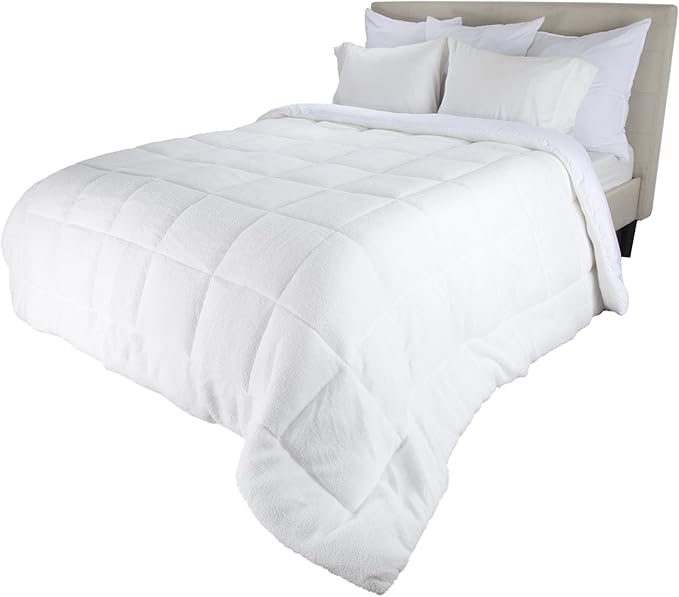 Reversible Oversized Down Alt Comforter with Sherpa-Full/Queen, White