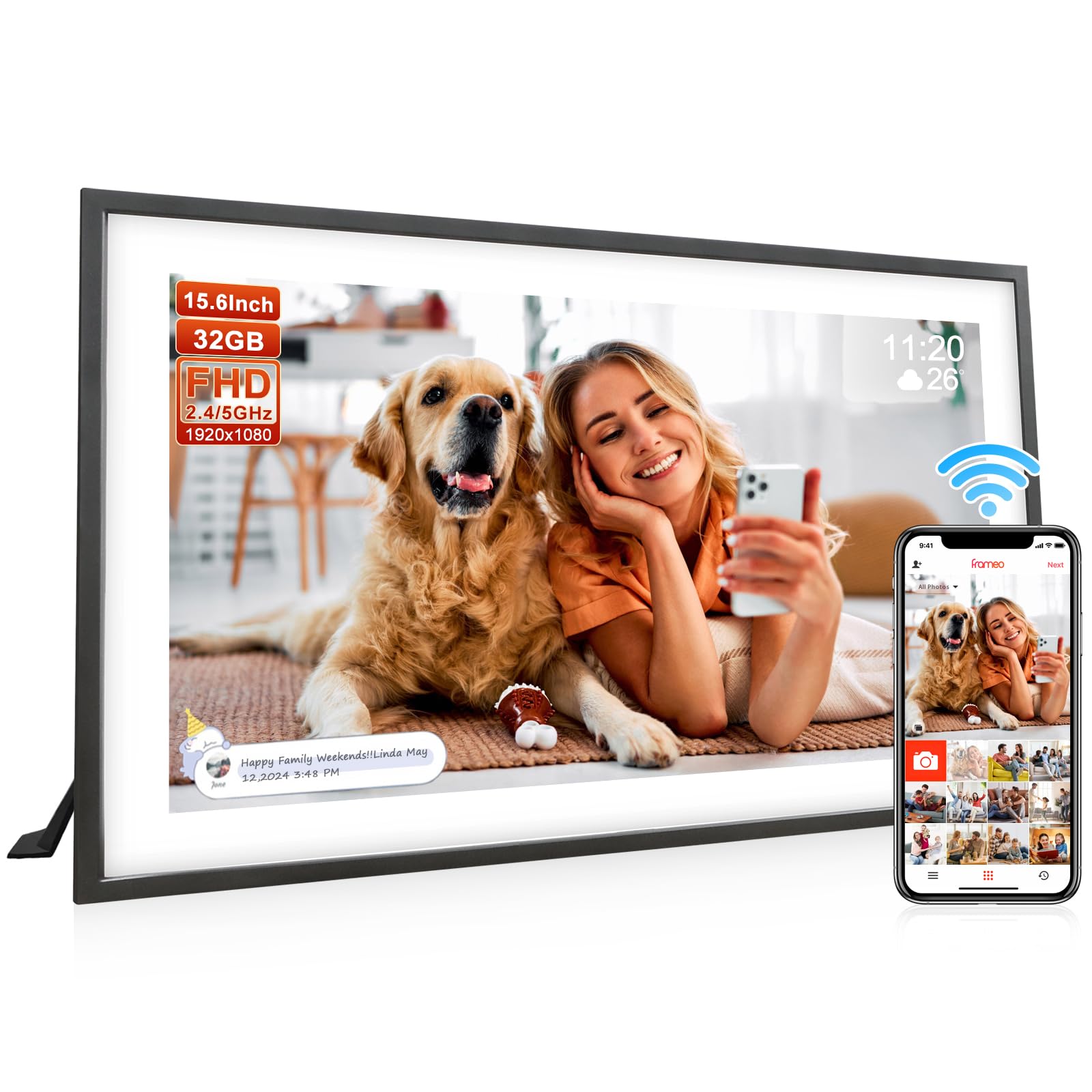 Frameo 15.6 Inch Large Digital Photo Frame, Digital Picture Frame WiFi with 32GB, 1920 * 1080 IPS HD Touch Screen, Tabletop&Wall-Mounted,Birthday,Wedding,Gifts for Men/Women/Father/Mom/Grandparents