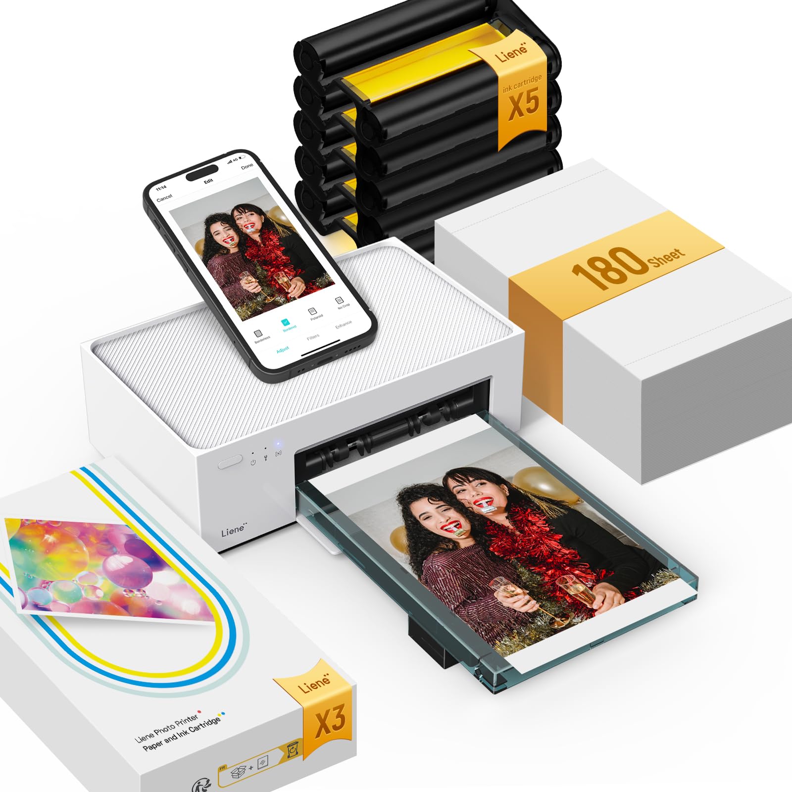 Printer Bundle (180 pcs +5 Ink Cartridges), Wi-Fi Picture Printer for iPhone